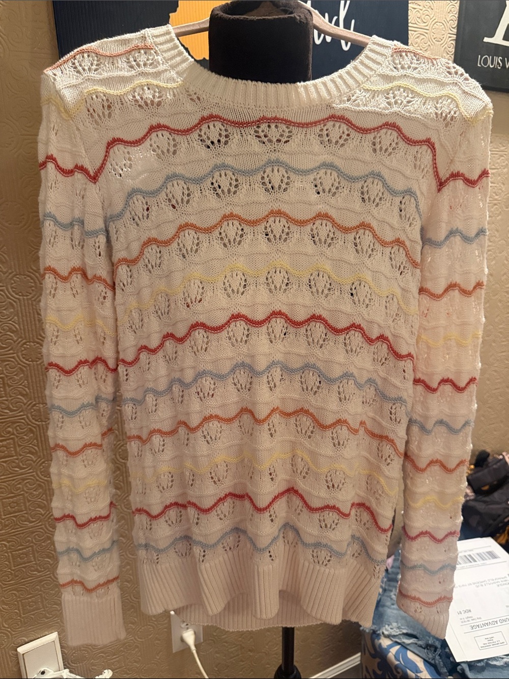 Women’s Cream Open-Knit Sweater with Multi-Color Wave Stripes